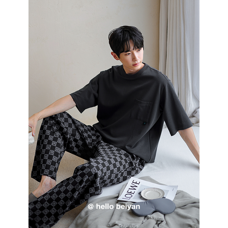 Beiyan High-End Men's Summer Pajamas, Pure Cotton Short-Sleeved Checkered Pants Set, Large Size Cool Cotton Loungewear