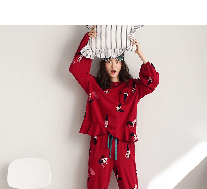 Bei Yan Spring Bà Pyjama Áo dài tay Cô gái ngọt ngào Trang phục cưới Lễ hội màu đỏ Nữ Cotton - Nam giới