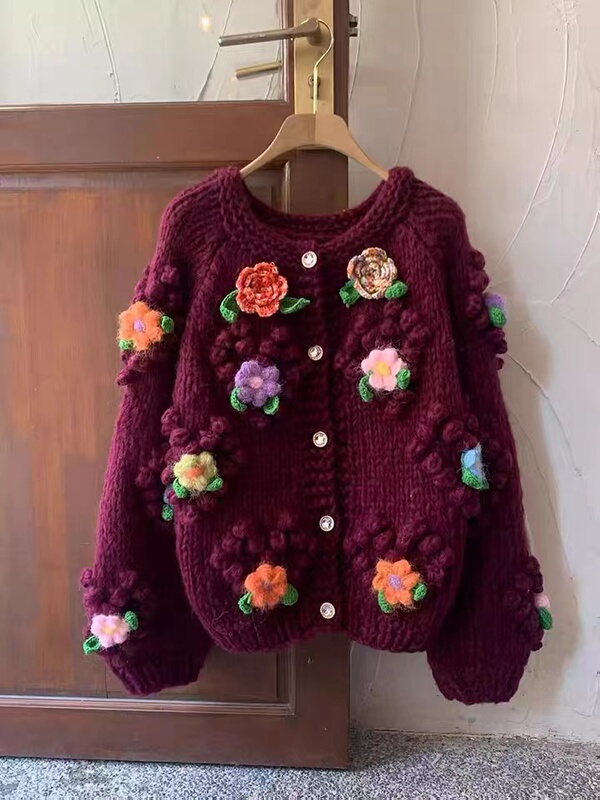24 Autumn/Winter Chunky Knit Handmade 3D Crochet Thickened Knitted Cardigan Sweet Floral Loose Slimming Sweater Coat 24 Autumn/Winter Chunky Knit Handmade 3D Crochet Thickened Knitted Cardigan Sweet Floral Loose Slimming Sweater Coat
