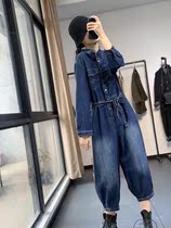 Elegant autumn age-reducing foreign style Korean version of stand-up collar lace-up denim jumpsuit loose thin grinding white halterneck pants for women