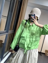 Ya Yun original summer retro fashion Ramie lapel long-sleeved sunscreen shirt personality pocket drawstring wild top for women