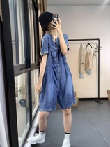 Yayun 2020 summer Korean version of casual old washed short-sleeved raw collar denim shorts jumpsuit Hong Kong flavor women