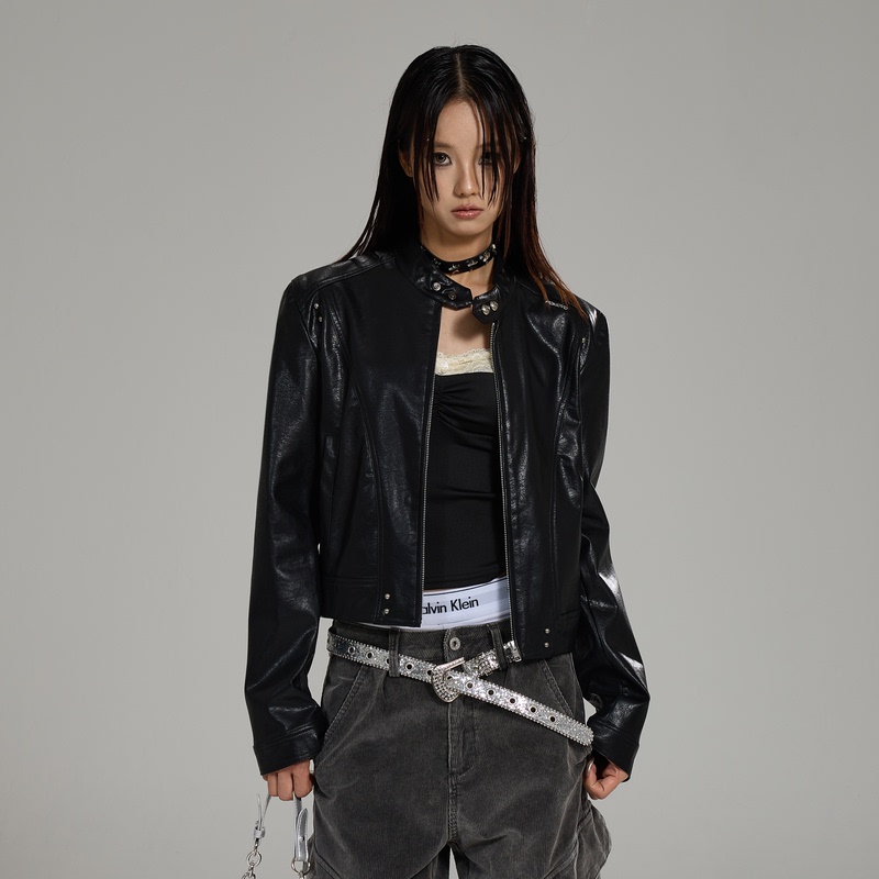 Prmr American Retro Power Aesthetic Female Demon Leather Jacket Women's Cropped Pu Leather Jacket with Rivets and Embroidery Biker Jacket