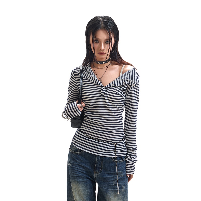 Prmr Retro Light Boxing Style Long-Sleeved Hooded T-Shirt American Hot Girl Gothic Embroidered Striped Sun Protection Cover-Up