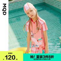 MQD childrens clothing girls one-piece swimsuit 2021 new girl full edition check pattern color large pattern swimsuit with swimming cap