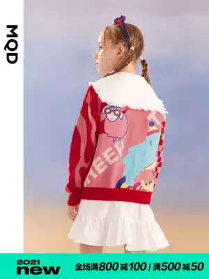 MQD children's clothing girl color knitwear cardigan 21 autumn new children's cartoon retro round neck sweater foreign pie