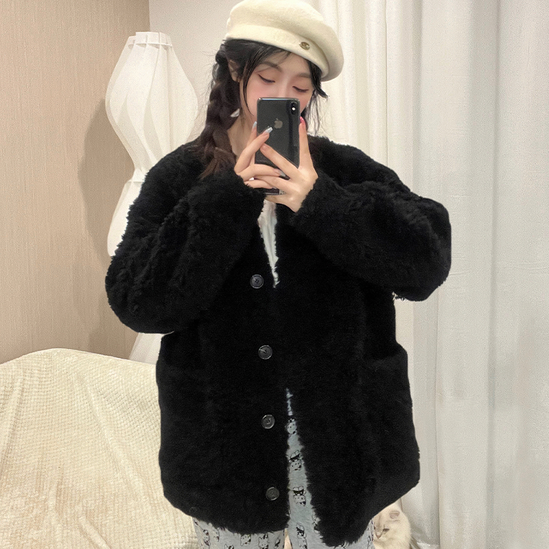 Lamb fur integrated 2023 autumn winter new lamb suede leather grass young with thickened black fur coat woman-Taobao