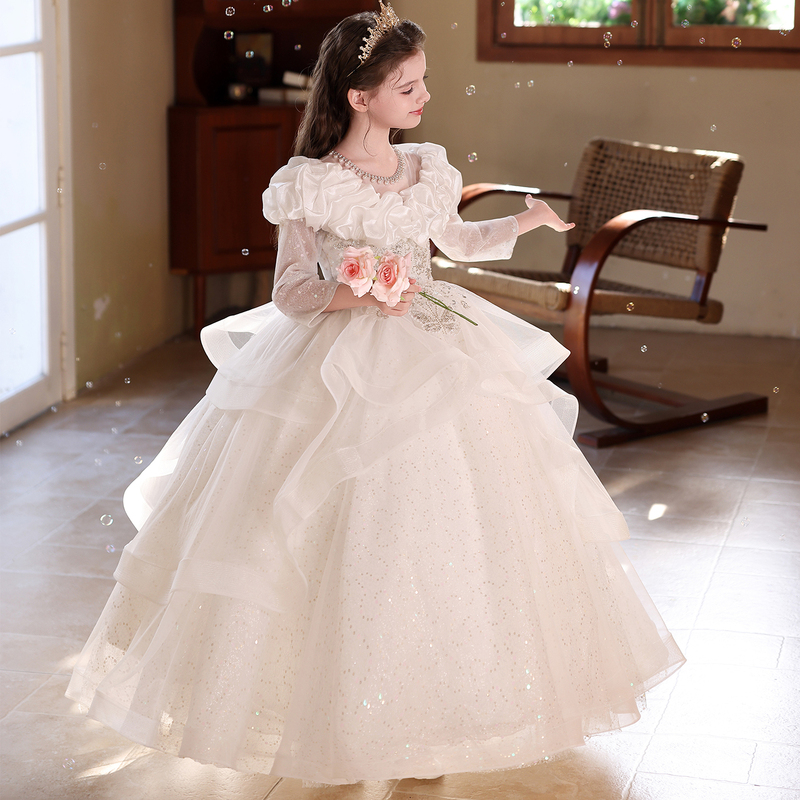 Girls' Birthday Dress 2026 New White Long-Sleeved Classy and Stylish Kidsren's Host Piano Competition Performance Clothing