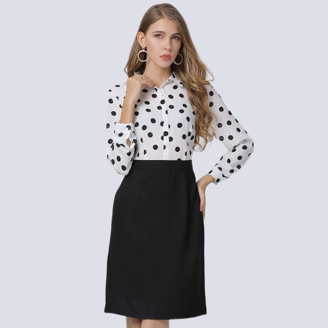 ເສື້ອຍືດແຂນຍາວ polka dot chiffon ສີດໍາແລະສີຂາວ spliced ​​​​ກັບຜ້າ Roman ສີດໍາຊື່ dress ຫນຶ່ງຂັ້ນຕອນພາກຮຽນ spring ແລະດູໃບໄມ້ລົ່ນຮູບແບບໃຫມ່ສໍາລັບແມ່ຍິງ