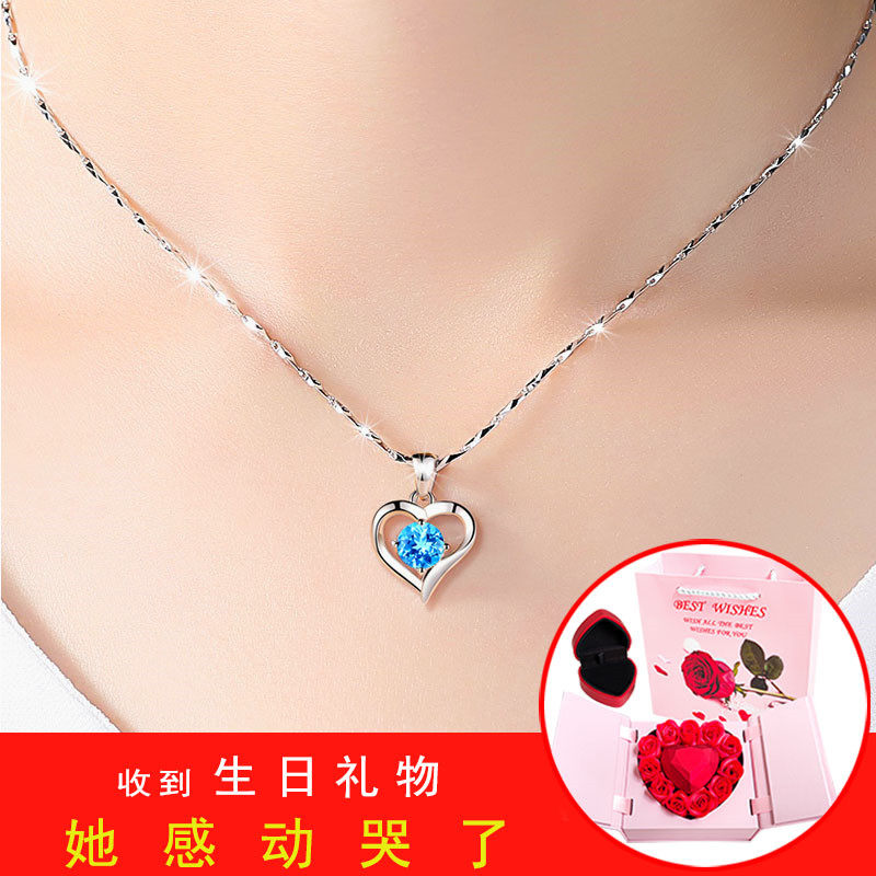 Send girlfriend birthday gift 999 sterling silver necklace female clavicle chain Japanese Korean love pendant silver jewelry to wife
