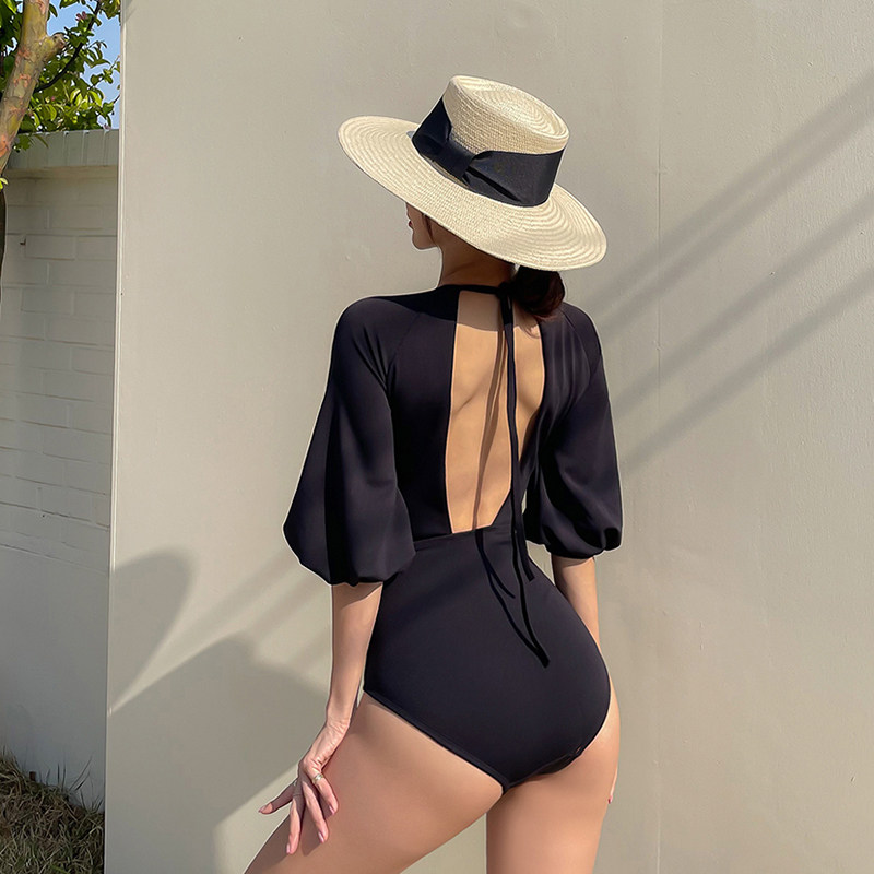 One-piece swimsuit female black sexy lady temperament small fragrance long-sleeved off-the-shoulder cover belly thin hot spring vacation swimsuit