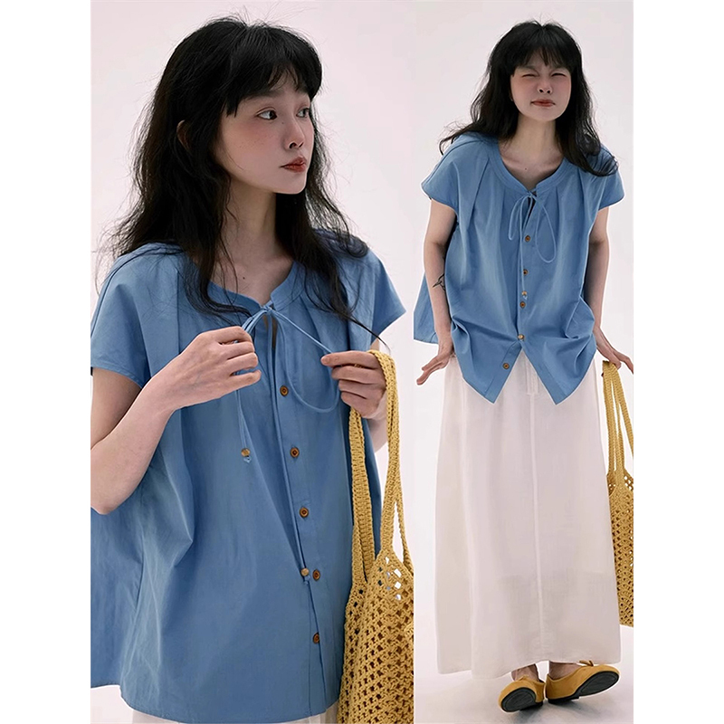 Korean Style Blue Lace-Up Linen Short-Sleeved Shirt for Women, Summer Design, Loose Babydoll Shirt, Thin Blouse Top