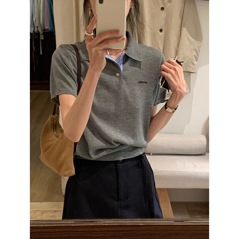 Korean-Style Gray Polo Collar Fake Two-Piece Regular Shoulder Short-Sleeve T-Shirt for Women, Summer High-End Loose Short Lapel Top Korean-Style Gray Polo Collar Fake Two-Piece Regular Shoulder Short-Sleeve T-Shirt for Women, Summer High-End Loose Short Lapel Top