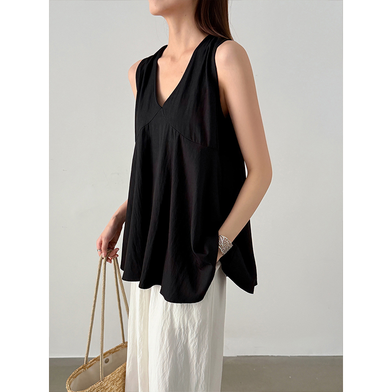 Black V-Neck Babydoll Shirt, Cotton and Linen Sleeveless Shirt for Women, Summer High-End Loose Thin Vest Shirt, Linen Top