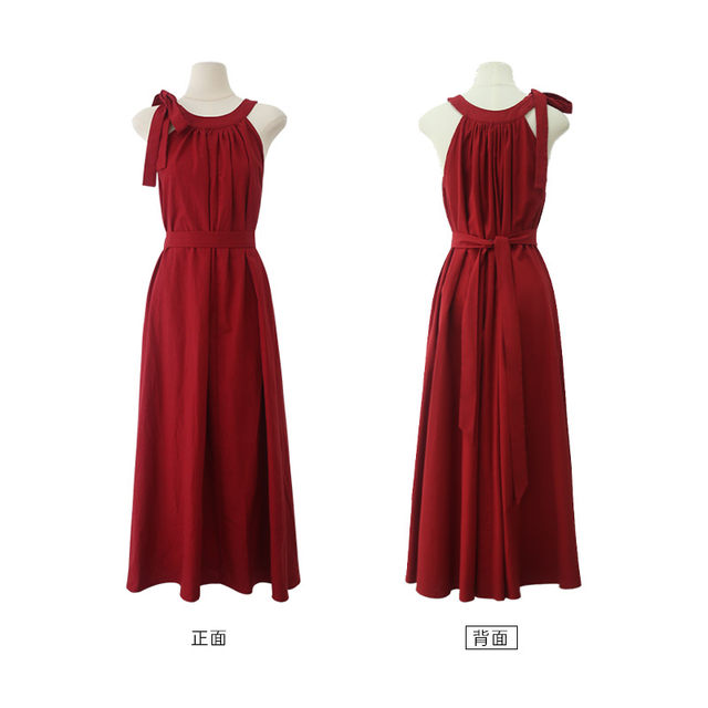 Three Tailors Midsummer Dinner French Style Resort French Style Halter Sleeveless Dress Women's Red Off-Shoulder Loose Long Dress