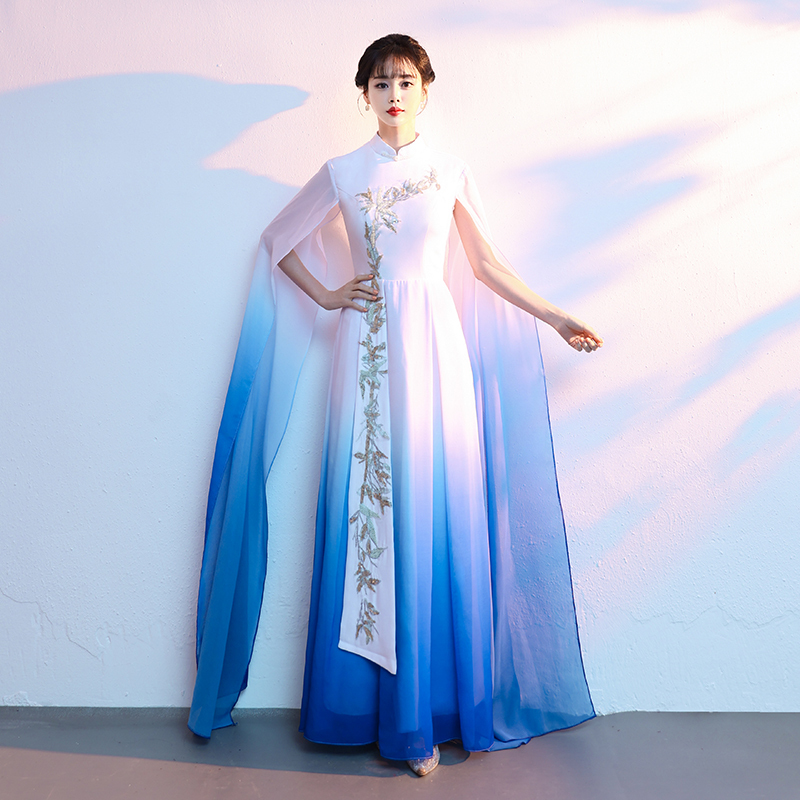 Blue Gradient Choir Performance Dress Long Skirt for Women Stage Elegant Guzheng Folk Song Competition Conductor Performance Costume Blue Gradient Choir Performance Dress Long Skirt for Women Stage Elegant Guzheng Folk Song Competition Conductor Performance Costume