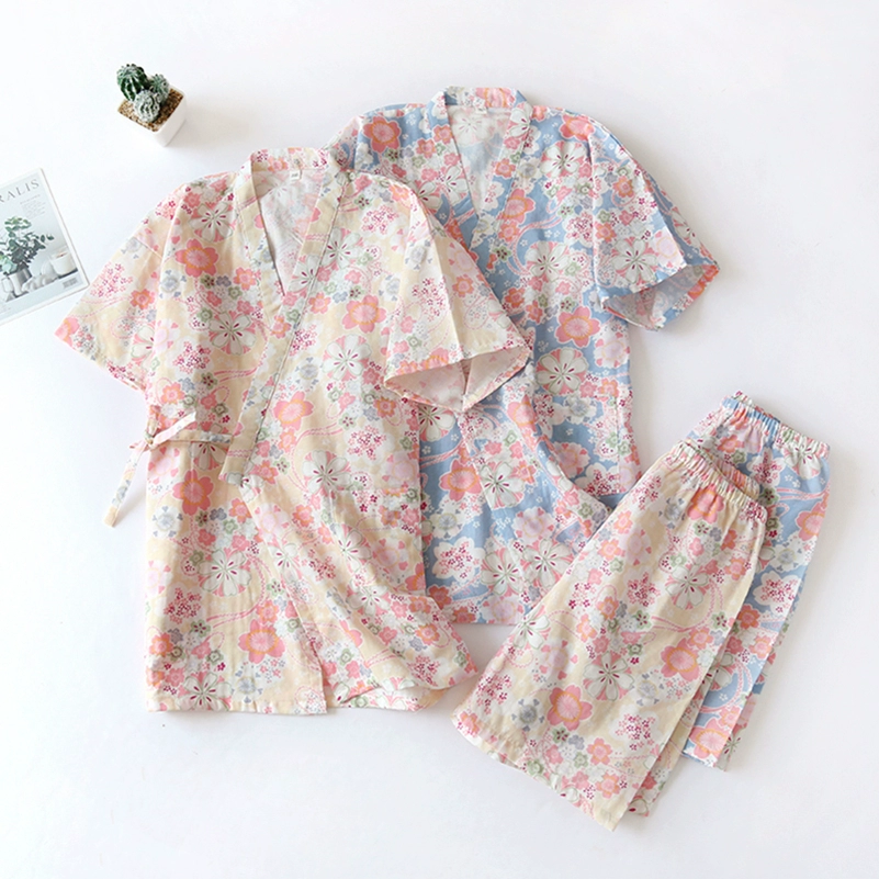 Phong cách Nhật Bản phụ nữ kimono tại nhà dịch vụ mặc nhà mỏng cotton gạc ngắn tay quần short pyjama mùa hè bộ đồ ngủ thấm mồ hôi bộ đồ yukata - Giống cái