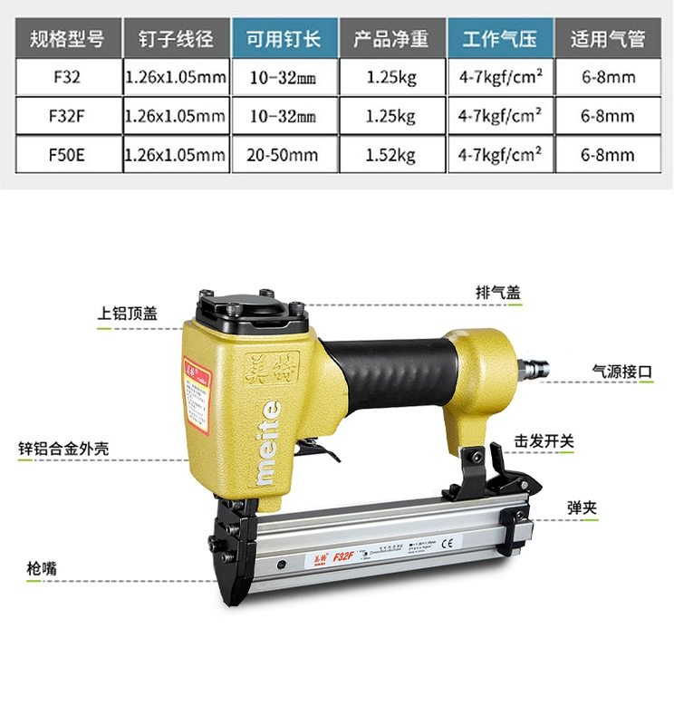 Súng bắn đinh thẳng bằng khí nén Meite F32 Súng bắn đinh hàng F50 bằng khí nén súng bắn đinh đinh thợ làm mộc trang trí dụng cụ không làm kẹt móng bắn đinh điện đinh súng bê tông