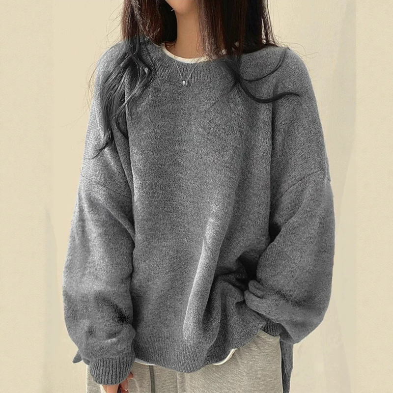 2026 Autumn and Winter New Cross-Border European and American Casual Versatile Solid Color Pullover Slit Sweater Loose Long-Sleeved Knitwear for Women 2026 Autumn and Winter New Cross-Border European and American Casual Versatile Solid Color Pullover Slit Sweater Loose Long-Sleeved Knitwear for Women