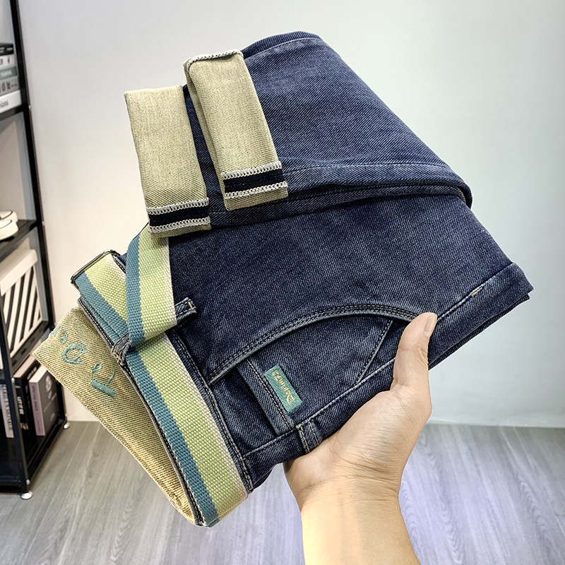 Blue jeans men's 2022 spring new trend embroidered micro-cone cigarette pants men's slim all-match long pants