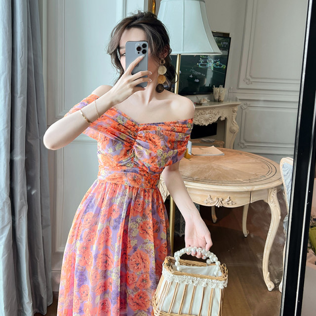 One word shoulder waist long floral dress women's 2022 summer new high-end tea break French chiffon skirt