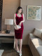 Red host dress female party show thin velvet suspender French dress lady birthday light luxury dress