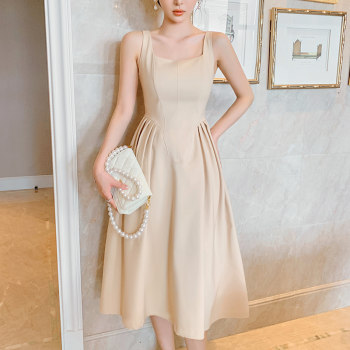 French niche broadband suspender dress champagne color square neck temperament waist chic design skirt female summer