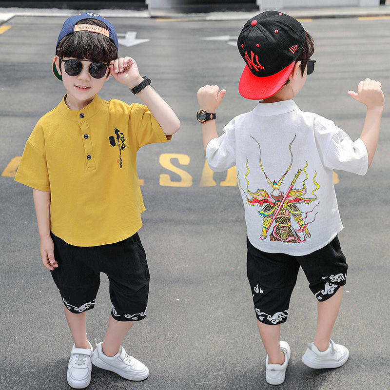 Boy summer fit 2022 new children suit baby foreign pie cotton linen summer clothes hanfu short sleeve thin summer