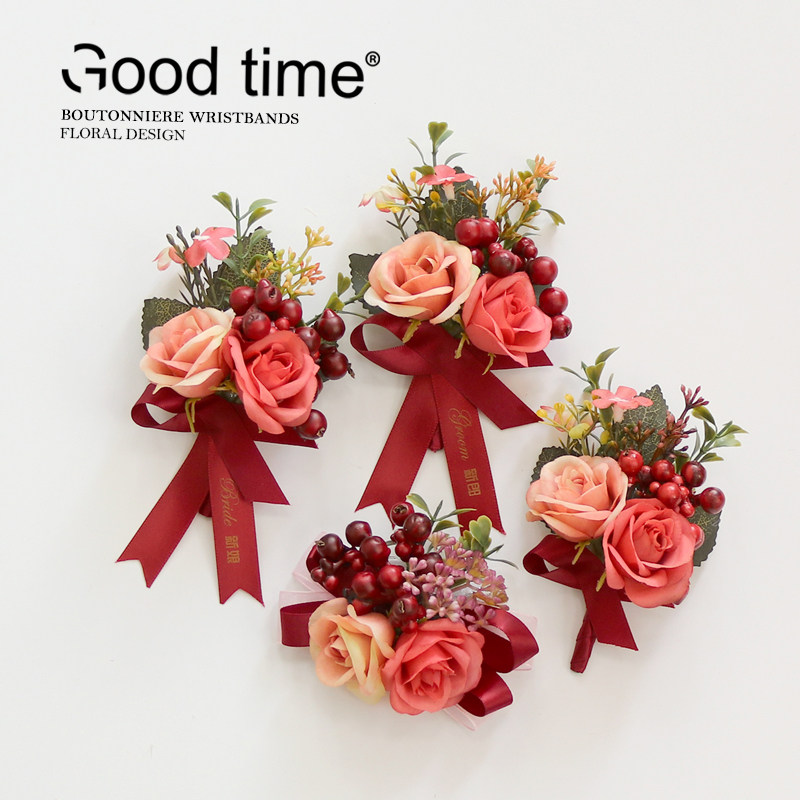 Rose fruit corsage wrist flower Chinese red flap bridesmaid bride wedding photography gift box hat DIY accessories