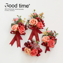 Rose fruit corsage Wrist flower Chinese red lapel flower Bridesmaid bride wedding photography gift box Clothing DIY accessories