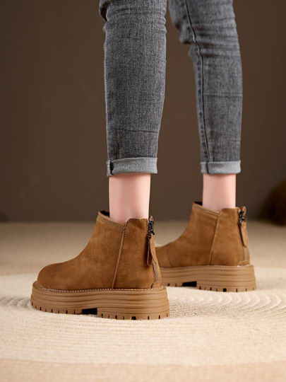 Thick-Soled Nubuck Leather Women's Shoes 2025 New Popular Fashion Versatile Genuine Leather Riding Boots Autumn and Winter Cow Suede Short Boots