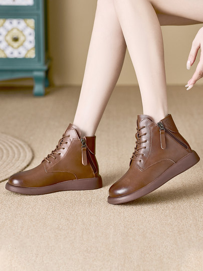 Genuine Leather Boots for Women 2025 New Soft Leather Boots Spring and Autumn Single Boots Flat Casual Autumn and Winter Fleece-Lined Short Boots