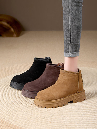 Women's nubuck thick-soled short boots 2025 new autumn and winter thickened velvet snow boots cotton shoes mid-heeled Martin boots