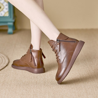 Genuine Leather Boots for Women 2025 New Soft Leather Boots Spring and Autumn Single Boots Flat Casual Autumn and Winter Fleece-Lined Short Boots