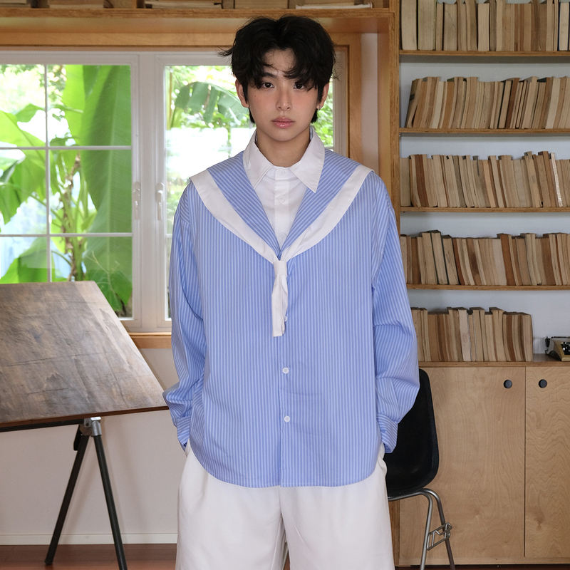 Mechheart Navy Collar Long-Sleeved Blue Striped Fake Two-Piece Sailor Shirt