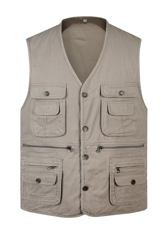 Nhiếp ảnh mới cổ chữ V câu cá bố mùa thu cotton nhiều túi vest vest vest nam cao tuổi bộ vest nam cho người trung tuổi