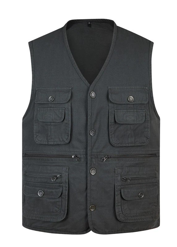 Nhiếp ảnh mới cổ chữ V câu cá bố mùa thu cotton nhiều túi vest vest vest nam cao tuổi