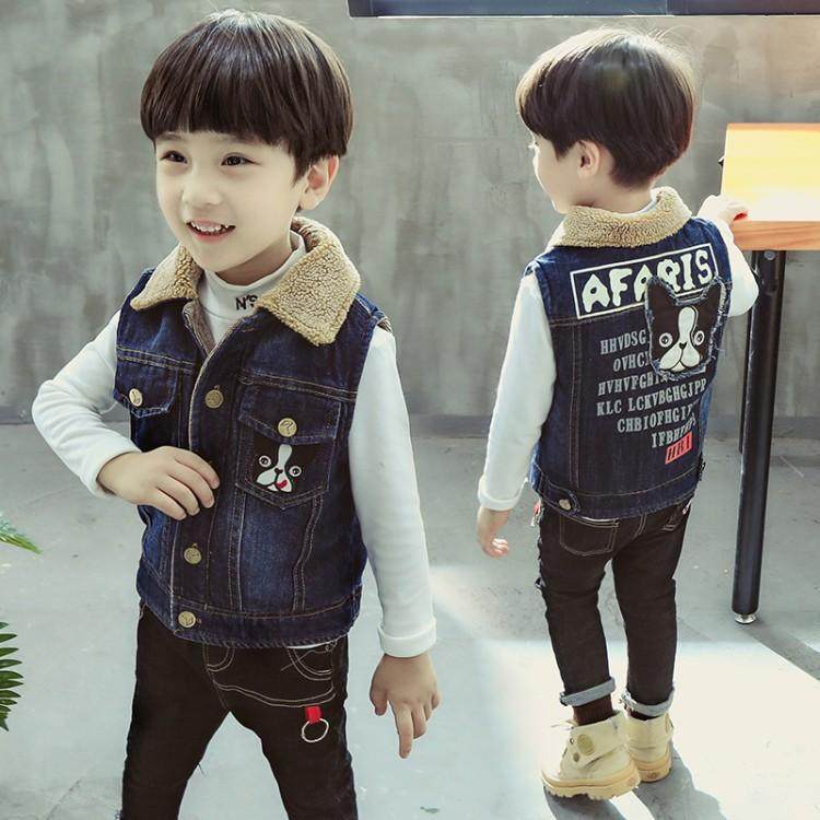 Boys spring and autumn clothes new Korean version of the baby girl winter warm plus velvet thickened cotton denim vest vest children's fashion