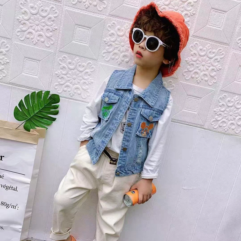 Trẻ em bé trai bé trai áo vest denim mùa xuân và mùa thu phần mỏng cậu bé cậu bé cậu bé kho báu mùa xuân phim hoạt hình hoang dã - Áo ghi lê