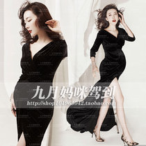 509 Pregnant women photo clothing rental black velvet dress long thin exhibition studio photo photography photo