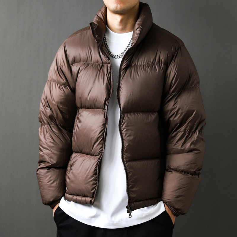 90% White Duck down Glossy 2026 Autumn and Winter American Style Stand Collar Solid Color Thick Loose down Jacket for Men, Coffee Color