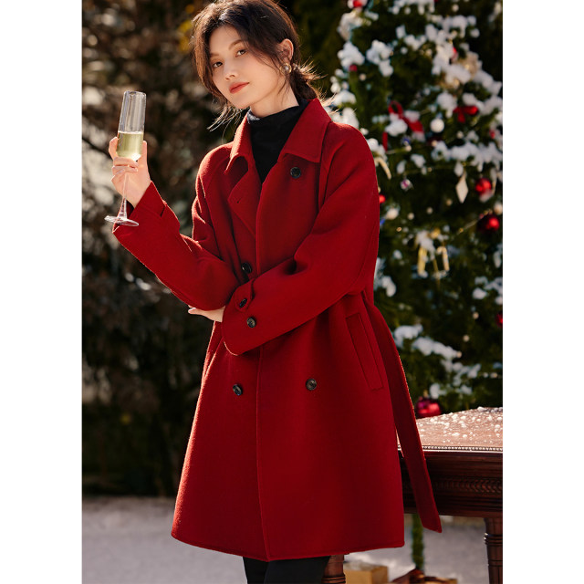 XWI/Xinwei New Year Red Belt Waist Woolen Coat Women's Winter Commuting Simple Temperament Coat Woolen Double-sided