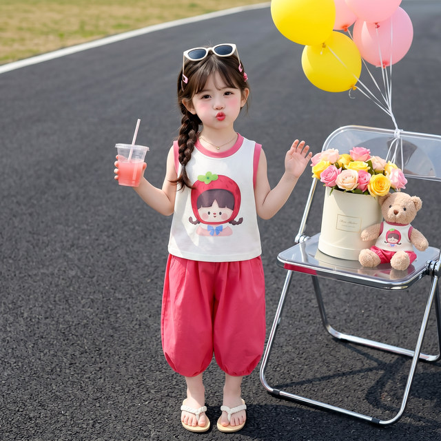 Girls Summer Cartoon Vest and Bloomers ສອງສິ້ນ