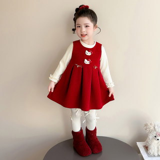 女童连衣裙猫咪儿童秋冬季拜年服过年衣服新年红色女宝宝裙子冬装