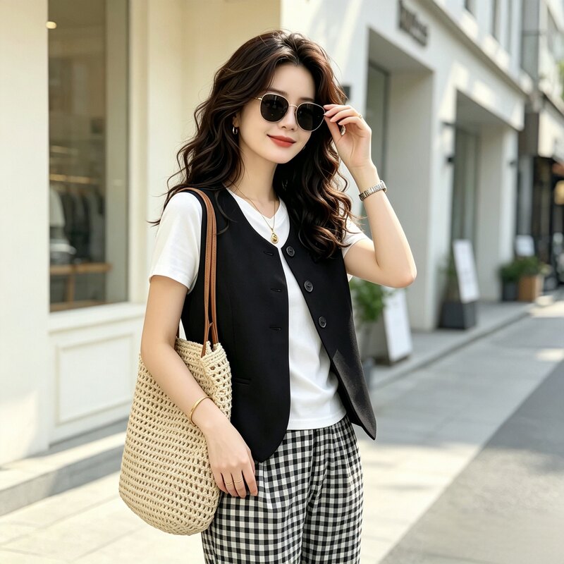 Black V Neck Sleeveless Short Suit Vest for Women, Suitable for Outer Wear in Spring and Autum, Casual, Fashionable, Versatile and Simple Women's Clothing Black V Neck Sleeveless Short Suit Vest for Women, Suitable for Outer Wear in Spring and Autum, Casual, Fashionable, Versatile and Simple Women's Clothing