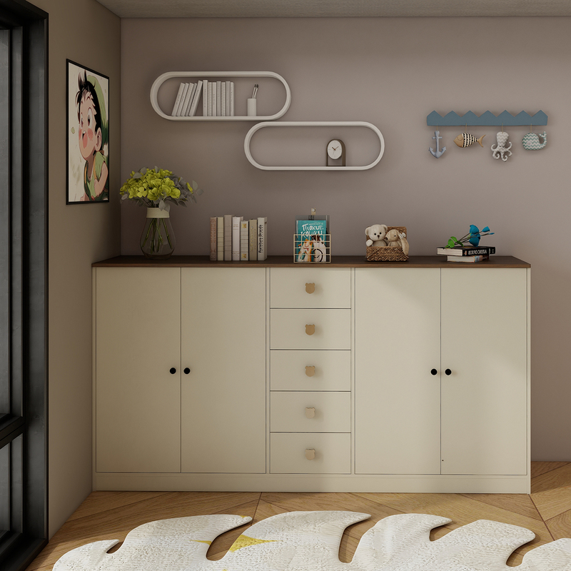 Walnut-Colored Bedside Cream-Style Bedroom Children's Low Wardrobe Storage Cabinet Solid Wood 2.1m Large Wardrobe Cabinet 1.7m