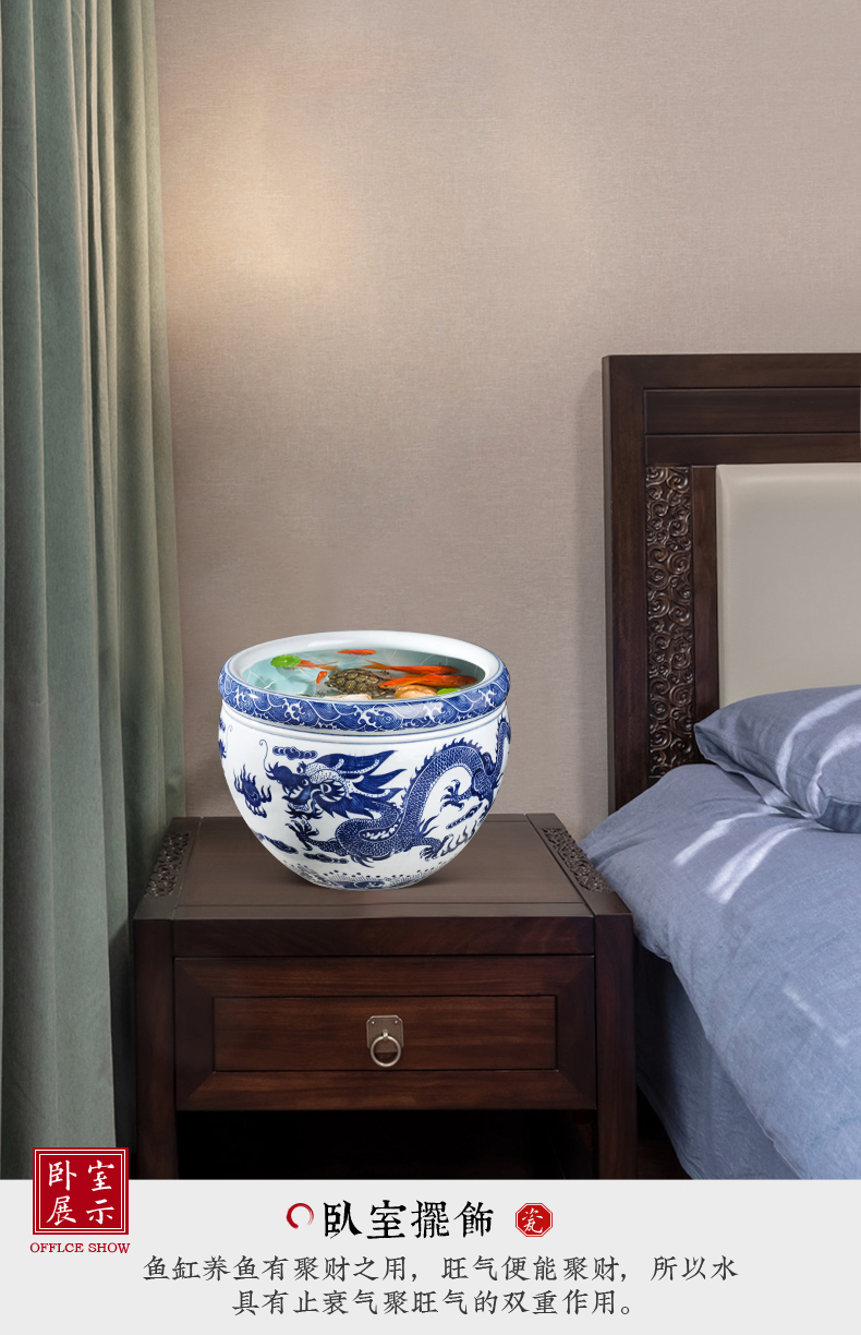 Jingdezhen ceramic blue aquarium large fish basin bowl lotus lotus lotus tortoise cylinder goldfish bowl sitting room