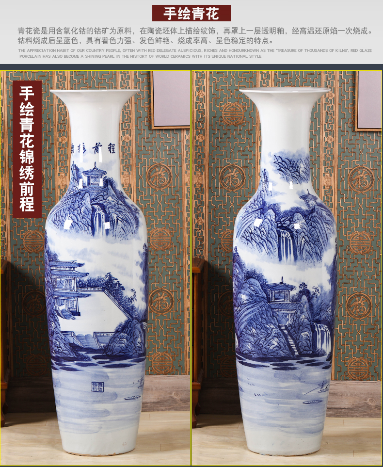 Jingdezhen ceramic large blue and white porcelain vase furnishing articles sitting room ground large new Chinese TV ark, housewarming ornaments