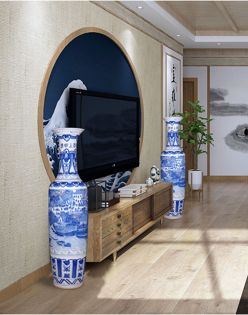 Jingdezhen ceramic hand - made large blue and white porcelain vase qingming scroll of Chinese style living room the opened a housewarming gift