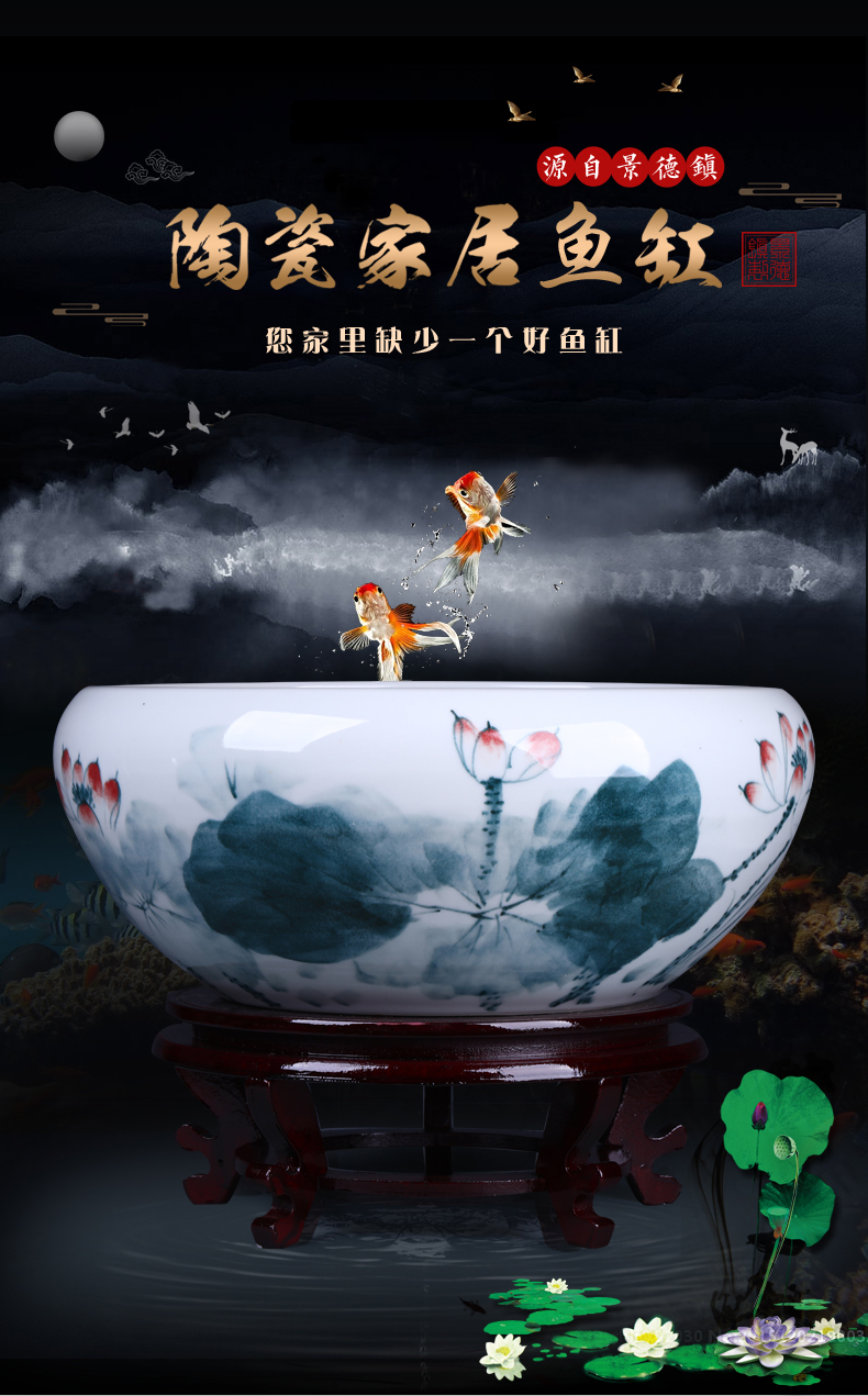 Jingdezhen chinaware lotus goldfish GangPen tortoise cylinder water lily lotus shallow bowl writing brush washer from large - sized refers to flower pot